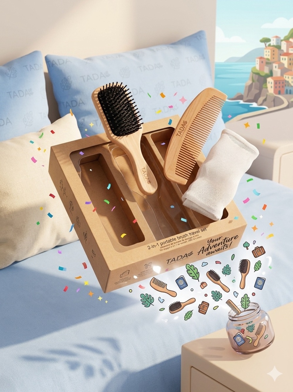 TADA Mens Hair Brush & Comb Set w/travel pouch